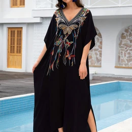 Plus Size - Women's Plus Size Kaftan Dress With Embroidery, Batwing Sleeves, And Side Splits For Boho Style, Model Q1703