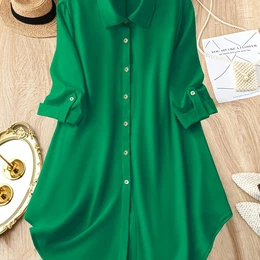 Women's Plus Size Casual Solid Green Shirt Dress - Loose Fit, -quarter Sleeves, Button Detail, Machine Washable, Apparel short Sleeve