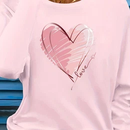 Women's Casual Heart Print Long Sleeve T-shirt - Soft Polyester & Spandex , Crew Neck, Machine Washable, Black With Pink Gradient , Ideal For