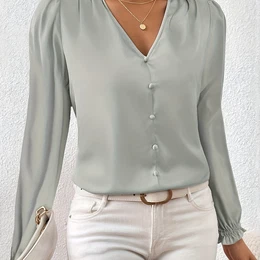 Stylish And Elegant Solid Color Pleated Long Sleeve V-neck Shirt, Suitable For Daily Commuting And Summer, Women's Clothing