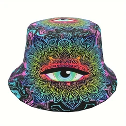 Reversible Psychedelic Eye Pattern Bucket Hat - Lightweight, Casual Polyester Cap, Machine Washable - Halloween,, Fishing Hat