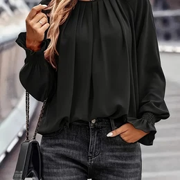 Ruched Shirred Cuff Blouse, Elegant Solid Color Crew Neck Lantern Sleeve Blouse For Spring & Fall, Women's Clothing