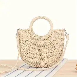 Solid Color Sorghum Shoulder Bag Women's Summer Beach Tote With Polyester Lining, Drawstring Closure, And Detachable Messenger Strap - Superhero