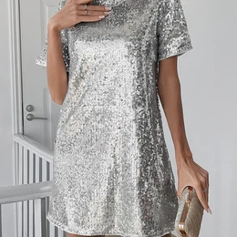 Targeted Silvery Sequin Short Sleeve Loose Dress