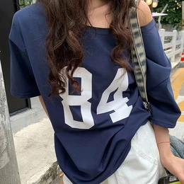 Asymmetrical Shoulder Collar Knitted Printed 's Short Sleeve T-shirt