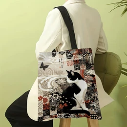 Chic Black & White Cat Print Tote Bag - , Foldable Shoulder Shopping & Beach Bag For Women, For Autumn, Spring
