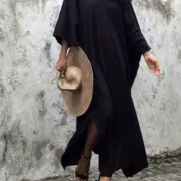 Size Solid Color Kaftan Dress - Batwing Sleeve, Loose Fit Maxi Robe For Women Rayon , Non-stretch Fabric Spring/summer/fall