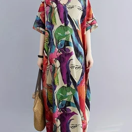 Women's Plus Size Boho Cover Up Linen Kaftan Dress With Pockets, V-neck, Floral Print, Stretch Woven Fabric - 100% Linen