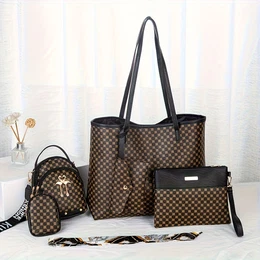 Casual Polka Dot Leather Bag Set For Women - 5 Piece Combo With Shoulder Bag, Tote, Clutch, Crossbody & Pouch - Magnet Closure, Polyester Lined,