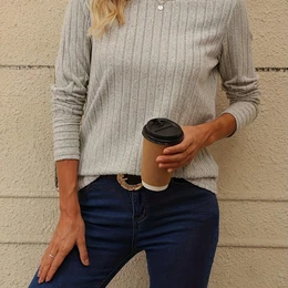 Ribbed Crew Neck Plain T-shirt, Elegant Long Sleeve Top For Spring & Fall, Women's Clothing