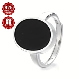 Total Weight 4.4g 1pc Women's Fashionable Wide Face Ring 925 Pure Silvery Simple Round Black Agate Ring With Adjustable Opening For Men And