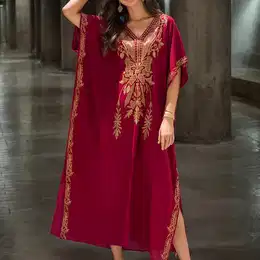 Plus Size Embroidered Kaftan Dress, Casual Batwing Sleeve V Neck Split Maxi Dress, Women's Plus Size Clothing
