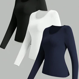 3-pack Women's Long Sleeve T-shirts - Casual Round Neck Knit Tops, Polyester , Solid Color, Regular Fit, Medium Stretch, 220gsm - Autumn/