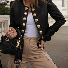 Elegant Women's Long Sleeve Jacket - Chic Black Outerwear With Golden Double-breasted Buttons, Form-fitting Crop Top For Fall/