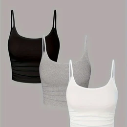 3pcs Solid Color Cami Top, Casual Sleeveless Crop Camisole For , Women's Clothing
