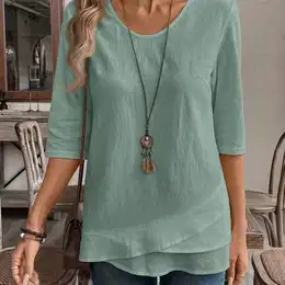 Solid Women's Casual Light Blue Round Neck Blouse With Asymmetrical Hem - Polyester, Machine Washable, Non-sheer - All