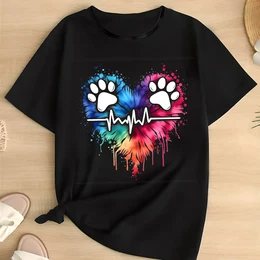 Women's Plus Size T-shirt, Casual Crew Neck, Short Sleeve, Soft Polyester , Machine Washable, Geometric Paw & Heart Print, Regular Fit,