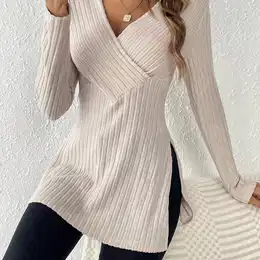 Elegant V-neck Long Sleeve Tunic Top - Slimming, Solid Color With Side Slit For Women