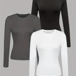 3-pack Solid Color Long Sleeve T-shirts For Women - Polyester Knit Fabric, Round Neck, Regular Fit, Autumn/winter Collection