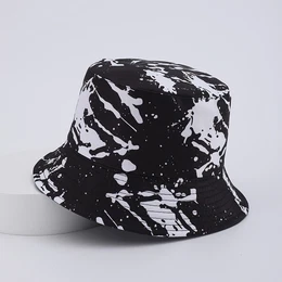 1pc, Black Ink Pattern Print Double-sided Bucket Hat, Men's And Women' Fashion Sunscreen Basin Hat