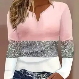 Women' Long Sleeve Top, Elegant V-neck, Geometric Pattern, Polyester Knit, Regular Length, Autumn/winter Season, Casual Shirt