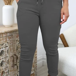 Women's Casual Jogger Pants With Drawstring Waist - Stretchy Polyester, Solid Color, Machine Washable,