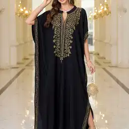 Edolynsa Viscose Kaftan Dress - Embroidered Tribal Pattern, V-neck, Short Sleeve, Side Slit, Non-stretch Woven Fabric, Elegant Large Size Resort