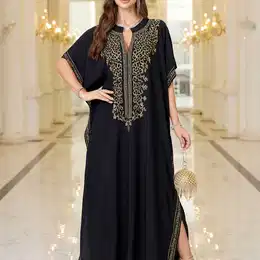 Plus Size Embroidered Loose Kaftan Dress, Casual Neck Batwing Sleeve Dress For , Women's Plus Size Clothing