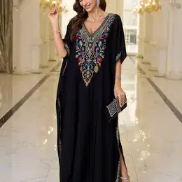 Edolynsa Elegant Embroidered V-neck Kaftan Dress - , Batwing Sleeve, Loose Fit Beach Cover-up Soft Viscose, Non-stretch Fabric