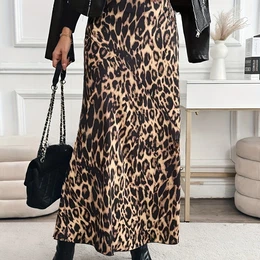 Elegant Leopard Print Midi Skirt For Women - High Waist, Non-stretch Polyester , Machine Washable, 99091922
