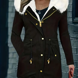 Women's Casual Polyester Parka With Fur Hood, Solid -up Coat With Button Front Pockets, Warm Outerwear
