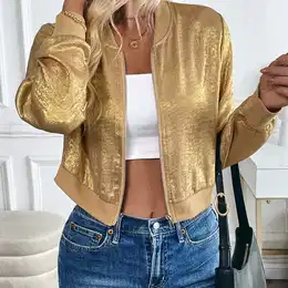 1pc Vintage Style Women's Cropped Jacket, Polyester , Long Sleeve, Baseball Collar, Solid Color, Embroidered Detail, Casual Spring/autumn