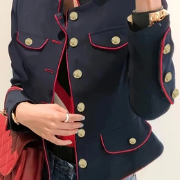Elegant Long Sleeve Jacket With Stand Collar - Machine Washable, Stretch Fabric, Button Detail - Women'
