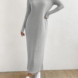 Elegant Crew Neck Striped Knit T-shirt Dress - Polyester & Spandex Blend, Long Sleeve, Full Length Ribbed Knitwear For Spring/fall