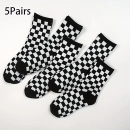 5 Pairs Black & White Checkered Socks, College Style Fashion Breathable Mid Tube Socks, Women's Stockings & Hosiery