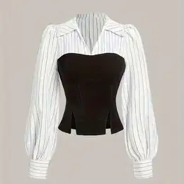 Elegant Striped Lapel Collar Shirt, Polyester 100% Women's Casual Shirt For Spring/summer