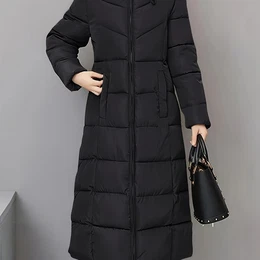 Solid -up Padded Jacket Coat, Casual Long Sleeve Hooded Mid-length Warm Outerwear For Winter, Women's Clothing