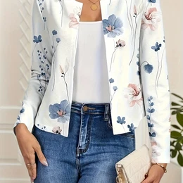 Women's Elegant Floral Print Long Sleeve Jacket, Polyester 100%, Crew Neck, Regular Fit, Knit Fabric, Spring/fall Season, Going Out - H Contour,