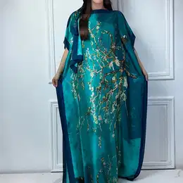 Elegant Floral Print Boat Neck Abaya With Batwing Sleeves - Loose Fit Maxi Dress For Women,