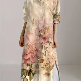Women's Vintage Floral Print Long Sleeve Shirt Dress With Side Slit - Lightweight Polyester Blend, Button-up Collar Design, Pink & Peach Floral