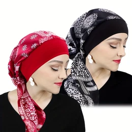 2pcs Women’s Satin Print Headscarf Caps - Stretchy Wide-brim Sleep Bonnets, Soft Polyester Hair Wraps With Elegant Paisley & Floral Print
