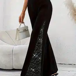 Elegant Plus Size Colorblock Wide-leg Pants With Sequin Detail - Stretchy, Non-see-through Fabric For Women