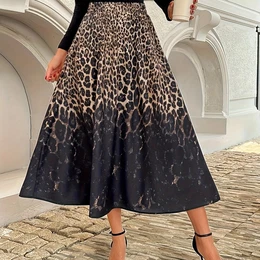 Elegant Leopard Print Skirt For Women - 100% Polyester Mid-length Flared A-line Skirt, Knit Fabric, Regular Fit, Style