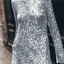 Women's Chic Sequin Mini Dress, Elegant Backless Design, Crew Neck, Slit Long Sleeves - Polyester 100%, , Fit