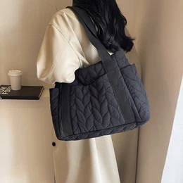Chic Black Quilted Tote Bag For Women - Spacious Nylon Shoulder Bag With Zip Closure, Lightweight & For Daily Use, Casual Commuter And Travel
