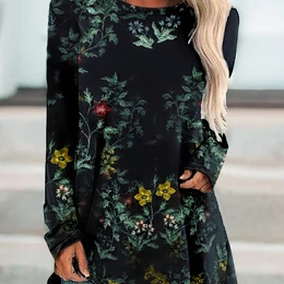 Vintage Floral Print Long T-shirt For Women - Casual & Elegant Fall Top With Crew Neck, With Vibrant Autumn , Layering Or Outfits