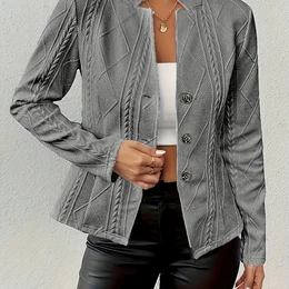 1pc Elegant Textured Knit Polyester-spandex Solid Color Single-breasted Long Sleeve Fall/winter Jacket With Buttons, Regular Fit Unlined Coat