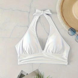 Sexy Plus Size Halter Neck Bikini Top - Deep V-neck, Tie-, Stretch Fabric, Machine Washable - Summer Beach & Spa Vacations