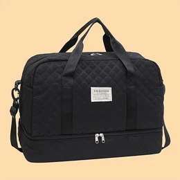 Women's Large Capacity Travel Tote Bag - Lightweight, Waterproof, Portable Storage With Adjustable Shoulder Strap, Zip Closure - In Black/ivory