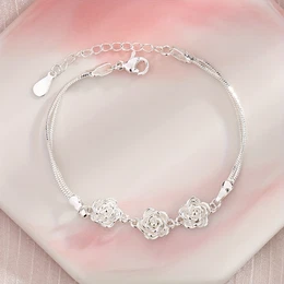 New Product: Silvery Rose Double-layer Pendant Bracelet, Handcrafted, Sweet Camellia Style, Exquisite And Minimalist Floral Bracelet.